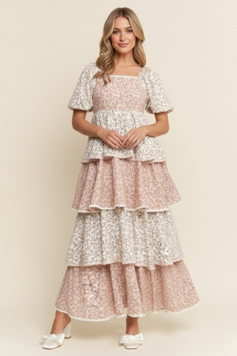 J.nna Color Block Tiered Floral Print Maxi Dress in Blush Cream Floral ...