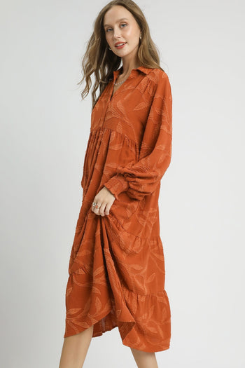 Umgee Solid Color Textured Leaf Pattern Midi Dress in Rust