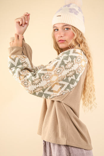 Very J OVERSIZED Knit Top with Aztec Print Sleeves in Olive