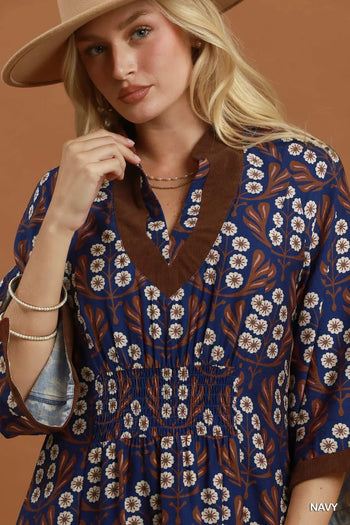Umgee Floral Print Smocked Waist Dress in Navy
