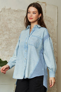 Davi & Dani Denim and Waffle Knit Button Down Top in Light Denim