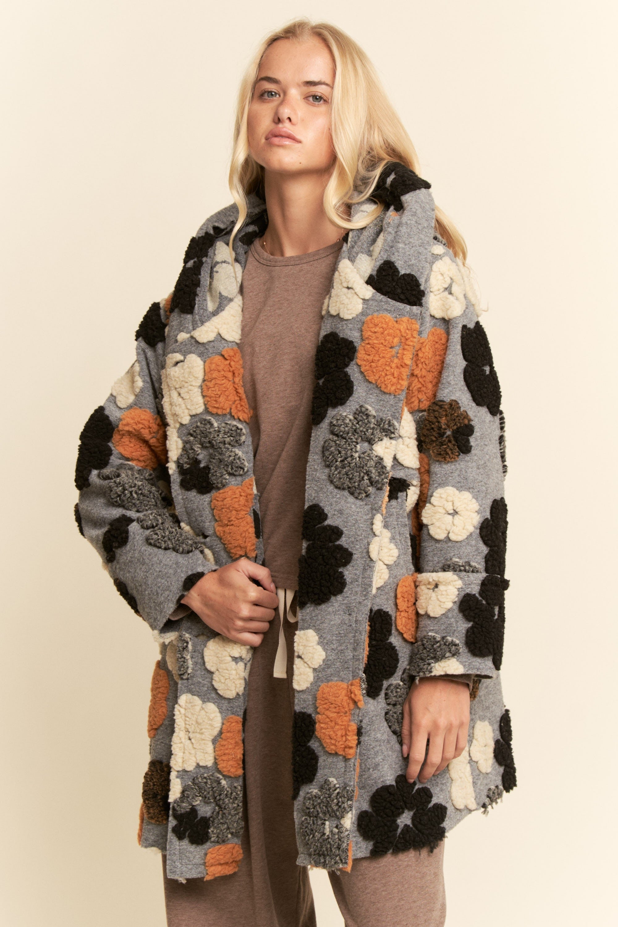 Davi & Dani Multi Flower Embroidery Hooded Jacket in Grey – June Adel