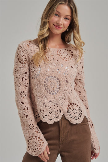 BON Chenille Knit Crochet Lace Sweater in Oatmeal
