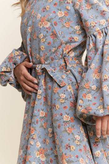 J.nna Denim Floral Print Belted Mini Dress in Floral Denim