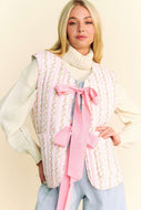 Davi & Dani Padded Quilted Floral Print Vest with Bow Tie Front in Pink