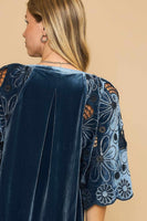 Umgee Velvet Split Neck Top with Floral Lace Sleeves in Slate Blue
