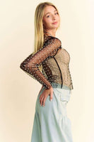 Davi & Dani Sheer Mesh Pearl and Stone Embellished Top in Black