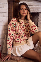 So Me Cherry Ribbon Pattern Knit Sweater in Beige