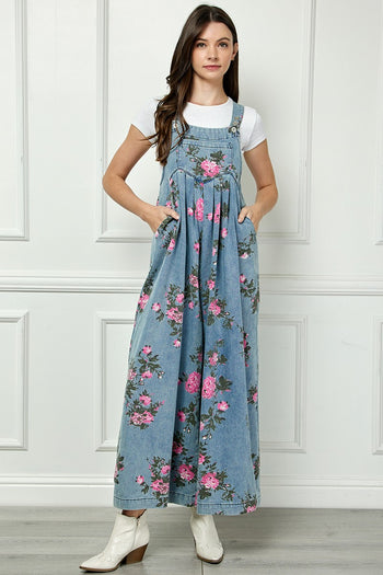 Veveret Painted Floral Print Denim Jumpsuit in Medium Wash