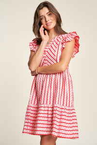 Davi & Dani Solid Geo Striped Button Front Dress in Pink Red Dresses Davi & Dani   