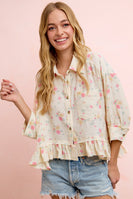 BiBi Floral Crinkle Quarter Sleeve Ruffle Hem Top in Floral