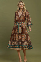 Umgee Abstract Print Belted Midi Dress in Rust