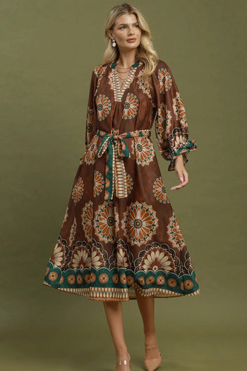 Umgee Abstract Print Belted Midi Dress in Rust