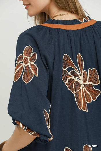 Umgee Floral Embroidered V-Neck Relaxed Top in Denim