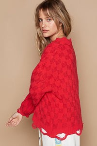 POL Solid Color Sweater with Weaved Fabric Details in Candy Apple