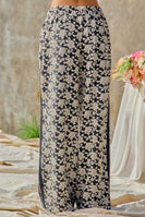BiBi Floral Jacquard Side Lace Trim Elastic Pants in Black/Light Grey