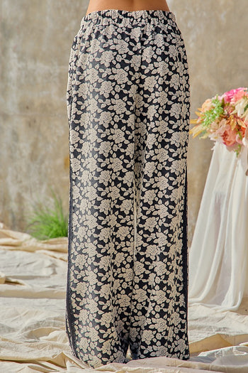 BiBi Floral Jacquard Side Lace Trim Elastic Pants in Black/Light Grey