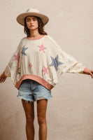 BiBi Solid Color and Floral Print Crinkle Gauze Top with Contrasting Gingham Star Patches in Oatmeal