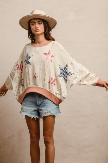 BiBi Solid Color and Floral Print Crinkle Gauze Top with Contrasting Gingham Star Patches in Oatmeal