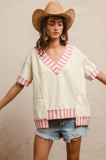 BiBi Solid Color French Terry Top with Contrasting Stripe Pattern in Ivory/Pink