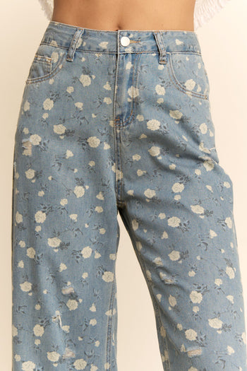 Davi & Dani High Waisted Floral Print Pants in Blue Denim