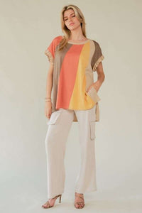 Davi & Dani Lightweight Knit Color Block Top in Taupe Multi