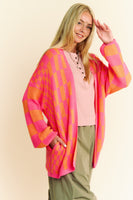 Davi & Dani Two Toned Mixed Checkered Print Open Front Cardigan in Pink Orange