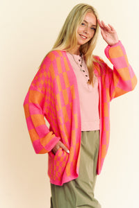 Davi & Dani Two Toned Mixed Checkered Print Open Front Cardigan in Pink Orange