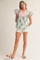 Jodifl Scallop Trim Accent Ruffle Sleeves Boho Floral Top in Mint