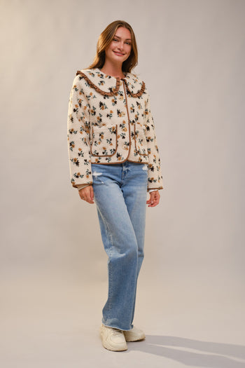 Blue B Floral Print Sherpa Jacket in Brown