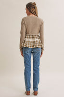 In February Quiet Cottage Mixed Media Plaid Peplum Sweater Cardigan in Oatmeal/Olive