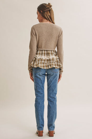 In February Quiet Cottage Mixed Media Plaid Peplum Sweater Cardigan in Oatmeal/Olive