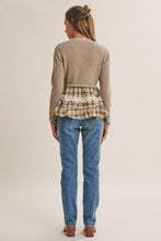 Load image into Gallery viewer, In February Quiet Cottage Mixed Media Plaid Peplum Sweater Cardigan in Oatmeal/Olive
