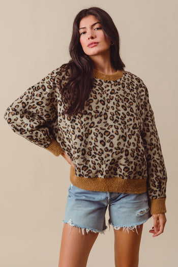 So Me Fuzzy Knit Sweater with Leopard Print in Oatmeal