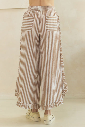 Veveret Breezy Stripe Linen Wide Leg Pants in Mocha Ivory