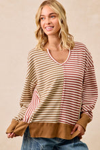 Load image into Gallery viewer, BiBi Thermal Knit Color Block Striped Top in Mocha/Marsala
