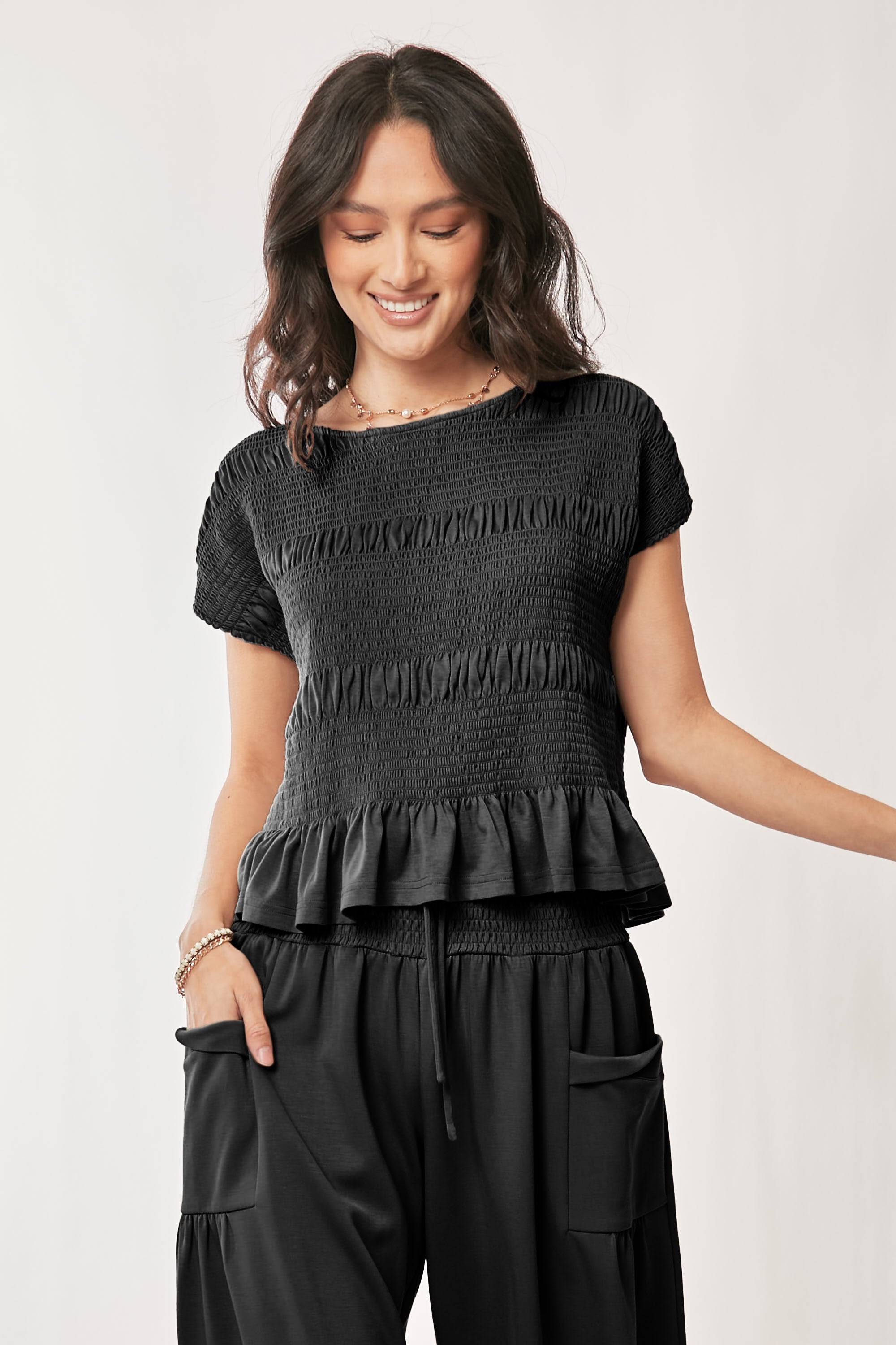 Davi & Dani Solid Color Top and Pants Set in Black – June Adel