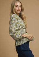 Umgee Floral Print and Leopard Print Accent Peplum Top in Mustard Green