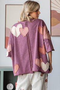 Oli & Hali Mineral Washed Top with Heart Patches in Eggplant