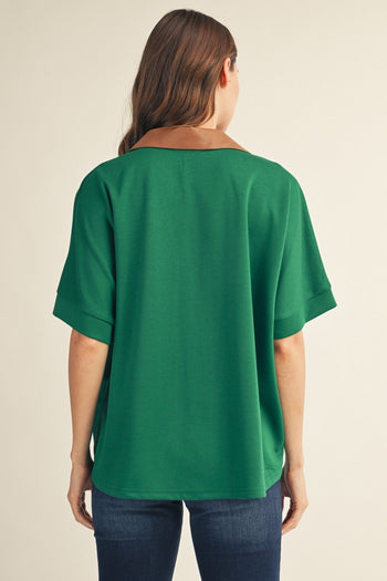 Jodifl Faux Leather Accent Drop Shoulder Solid Top in Green