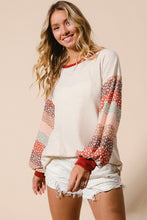 Load image into Gallery viewer, BiBi Solid Color Ribbed Top with Mixed Print Sleeves in Oatmeal
