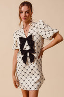 So Me Jacquard Ribbon Print Dress with Big Ribbon Bow Appliques in Ivory