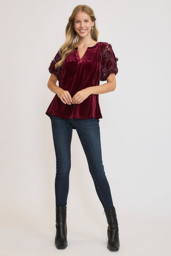 Umgee Velvet Split Neck Top with Lace Sleeves in Plum