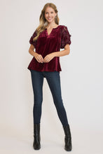 Load image into Gallery viewer, Umgee Velvet Split Neck Top with Lace Sleeves in Plum
