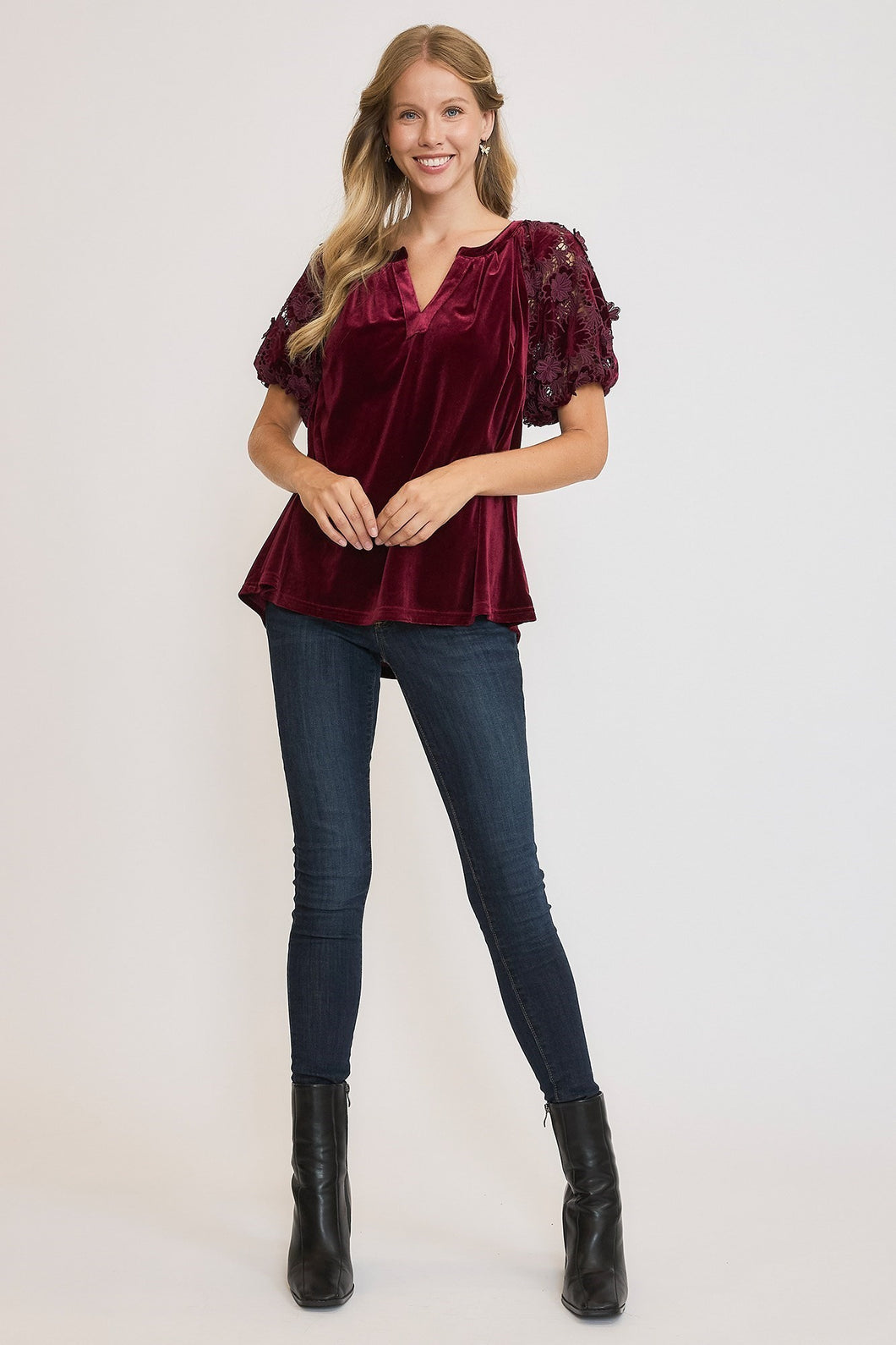 Umgee Velvet Split Neck Top with Lace Sleeves in Plum