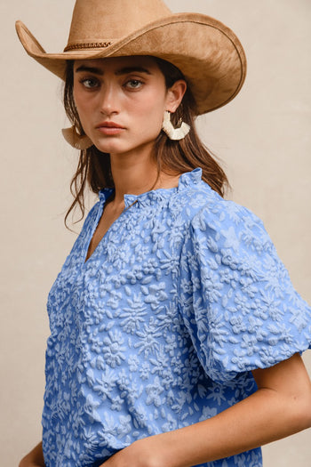 BiBi Textured Floral Pattern Top in Light Blue