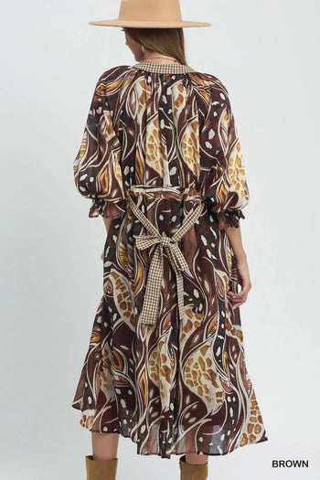 Umgee Abstract Print Midi Dress in Brown