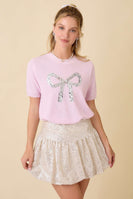 Main Strip Sweater Knit Top with Sequin Bow Front in Light Pink