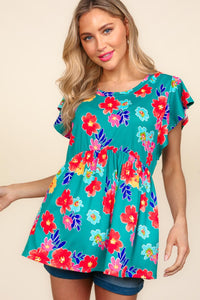 Haptics Floral Print Peplum Babydoll Top in Teal/Scarlet