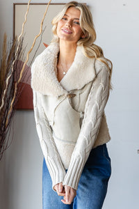 Oli & Hali Faux Fur and Leather CROPPED Jacket with Cable Knit Sweater Sleeves in Cream